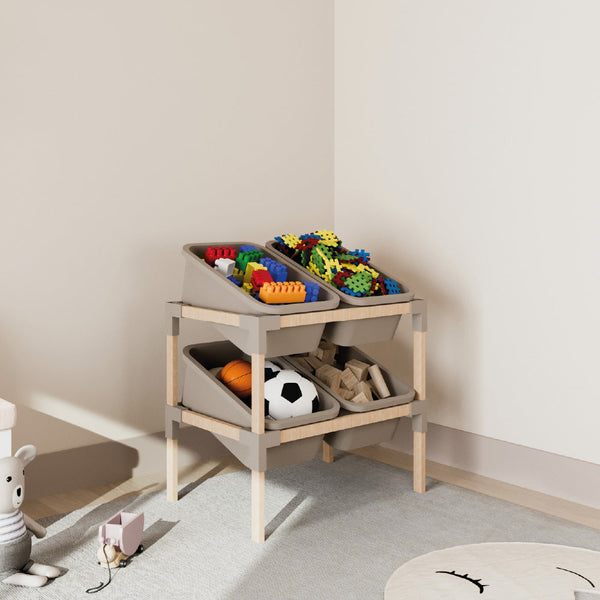 FixWood 2-laags Opbergrek met 4 Uitneembare Boxen – Speelgoed Organizer - Keukenrek - Multi-functioneel Opbergmeubel – 55 x 39 x 62 cm – Hout & Kunststof