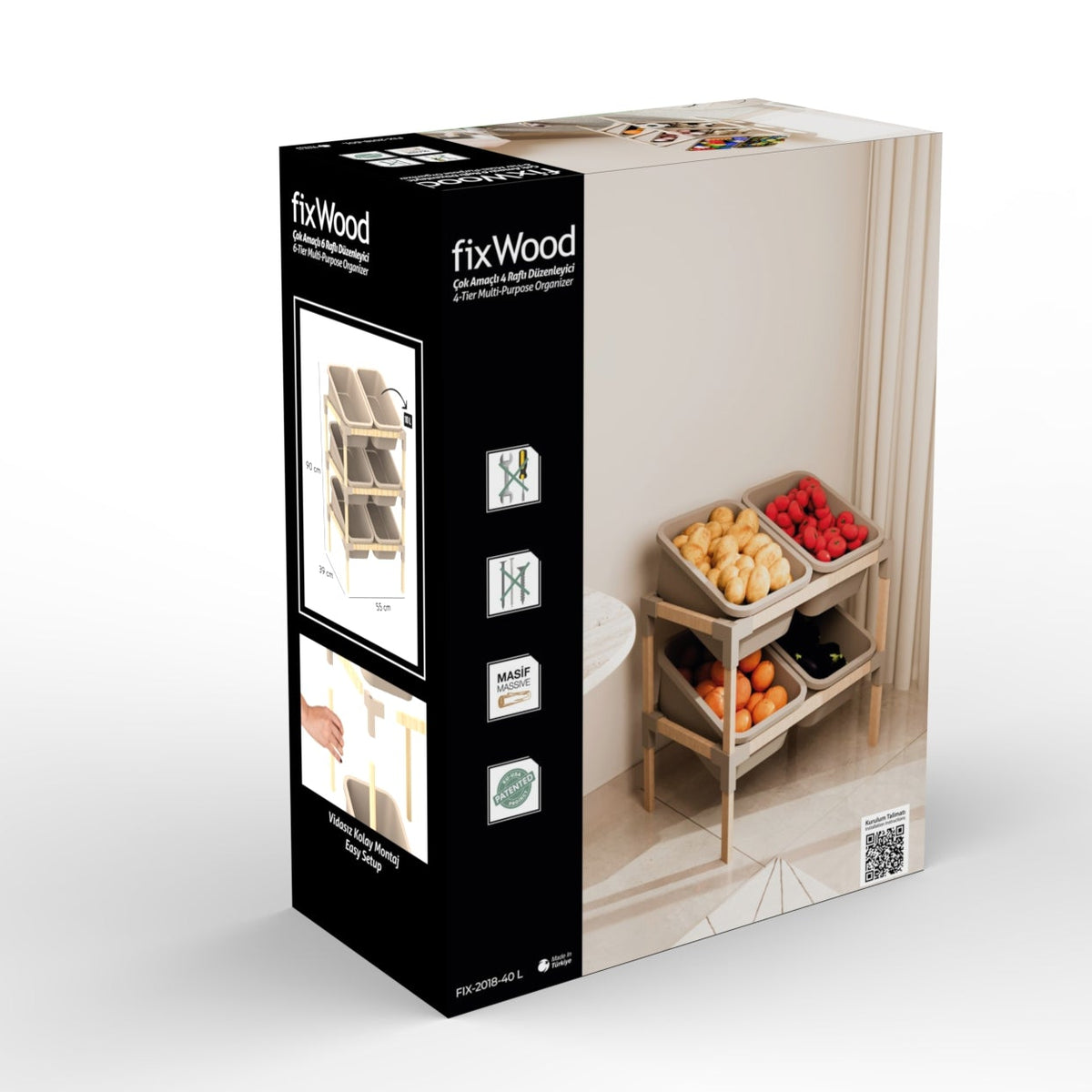 FixWood 3-laags Opbergrek met 6 uitneembare bakken – Houten Speelgoed- en Groente Organizer – 90x55x39 cm – Duurzaam en multifunctioneel