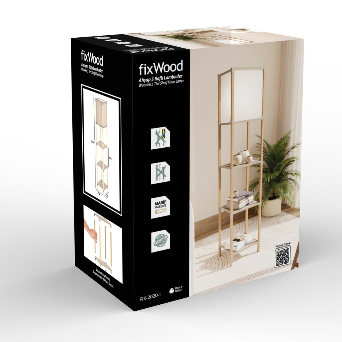 FixWood Houten Staande Lamp met 3 Planken – Scandinavisch Design – Etagère Vloerlamp – Hout & Linnen – Warm Wit Licht – Voor Woonkamer, Slaapkamer of Kantoor