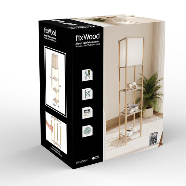 FixWood Houten Staande Lamp met 3 Planken – Scandinavisch Design – Etagère Vloerlamp – Hout & Linnen – Warm Wit Licht – Voor Woonkamer, Slaapkamer of Kantoor