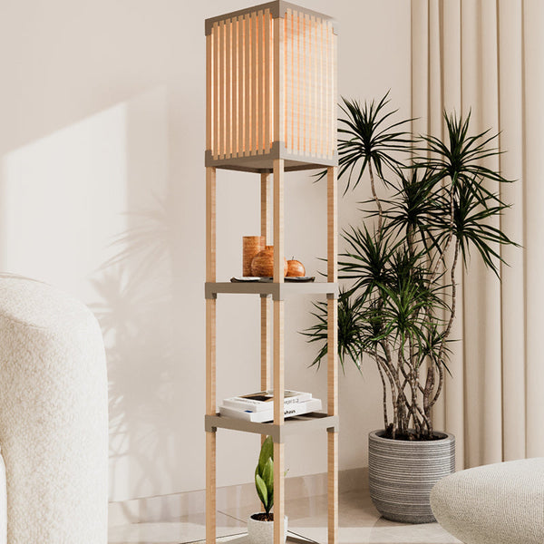 FixWood Houten Staande Lamp met 3 Planken – Scandinavisch Design – Etagère Vloerlamp – Hout & Linnen – Warm Wit Licht – Voor Woonkamer, Slaapkamer of Kantoor