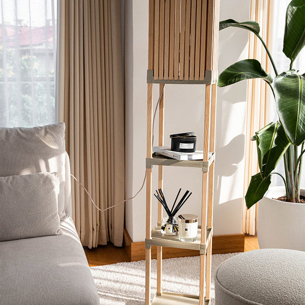 FixWood Houten Staande Lamp met 3 Planken – Scandinavisch Design – Etagère Vloerlamp – Hout & Linnen – Warm Wit Licht – Voor Woonkamer, Slaapkamer of Kantoor