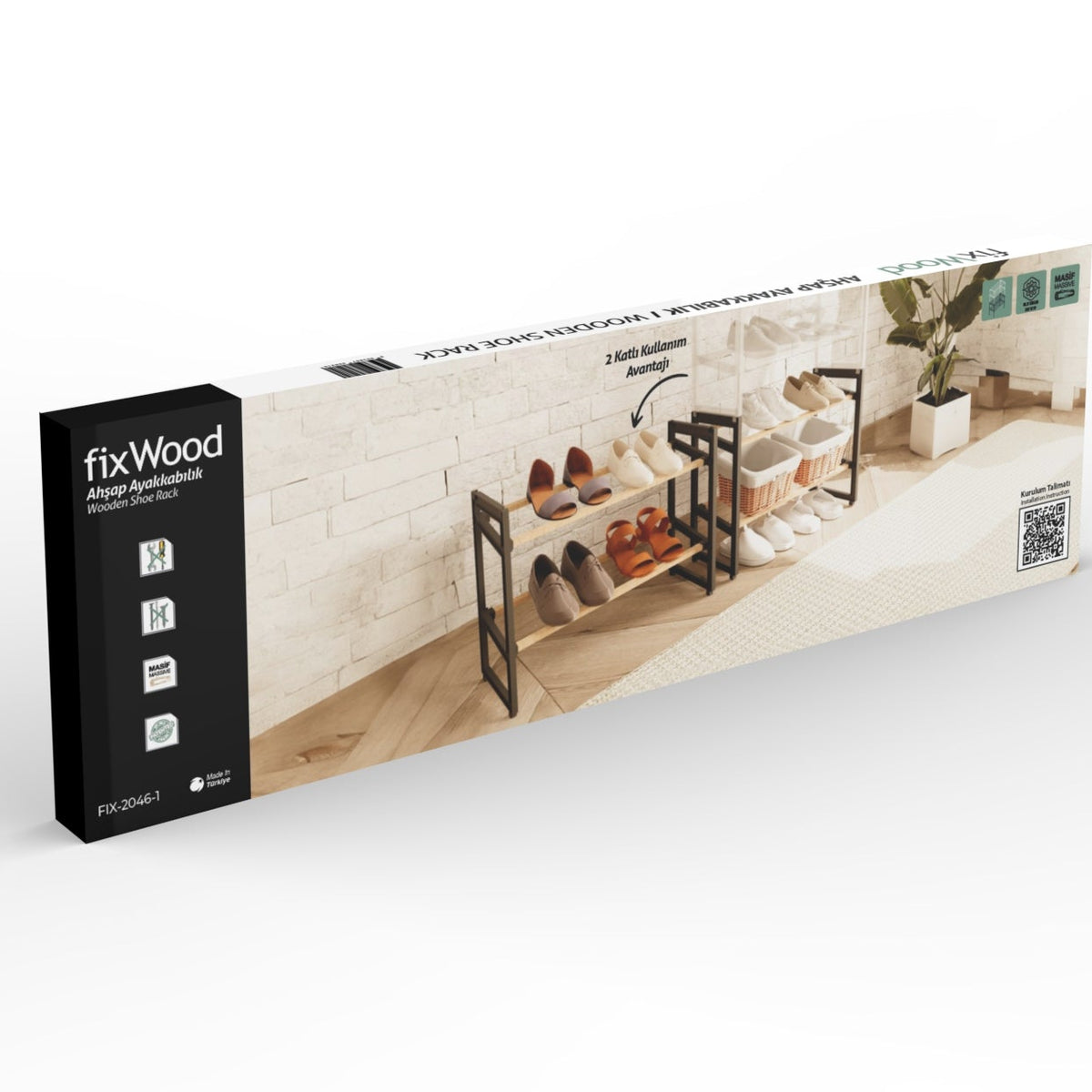 FixWood Houten Schoenenrek – 2-in-1 Stapelbaar Schoenenrek – 2 of 4 Lagen – Compact, Duurzaam en Stijlvol – Zwart/Hout – 65x26x52 cm