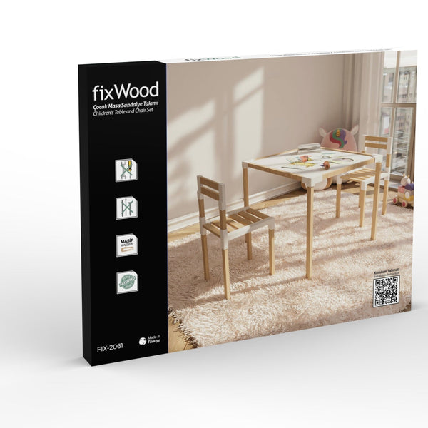 FixWood Kinder Tafel- en Stoelenset – Natuurlijk Hout & Kunststof – Duurzaam Speel- en Leermeubel – 3-delig (1 Tafel + 2 Stoelen)