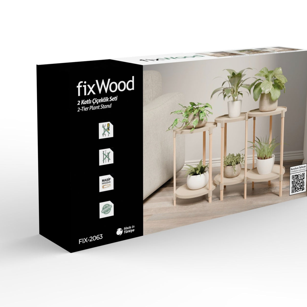 Fixwood 2-Laags Plantenstandaard Set van 3 – Massief Hout & Kunststof – Modern Bloemenrek – Plantenhouder Binnen – Scandinavisch Design – Beige – 2-Tier Plant Stand