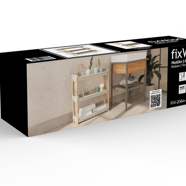 FixWood 3-laags Modulair Opbergrek – Natuurlijke Houtlook & Crèmekleur – Badkamerrek, Keukenrek of Plantenrek – Stevig & Stapelbaar – 60x20x70 cm
