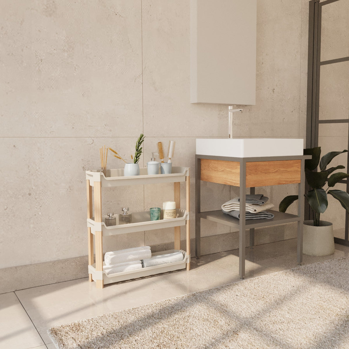 FixWood 3-laags Modulair Opbergrek – Natuurlijke Houtlook & Crèmekleur – Badkamerrek, Keukenrek of Plantenrek – Stevig & Stapelbaar – 60x20x70 cm