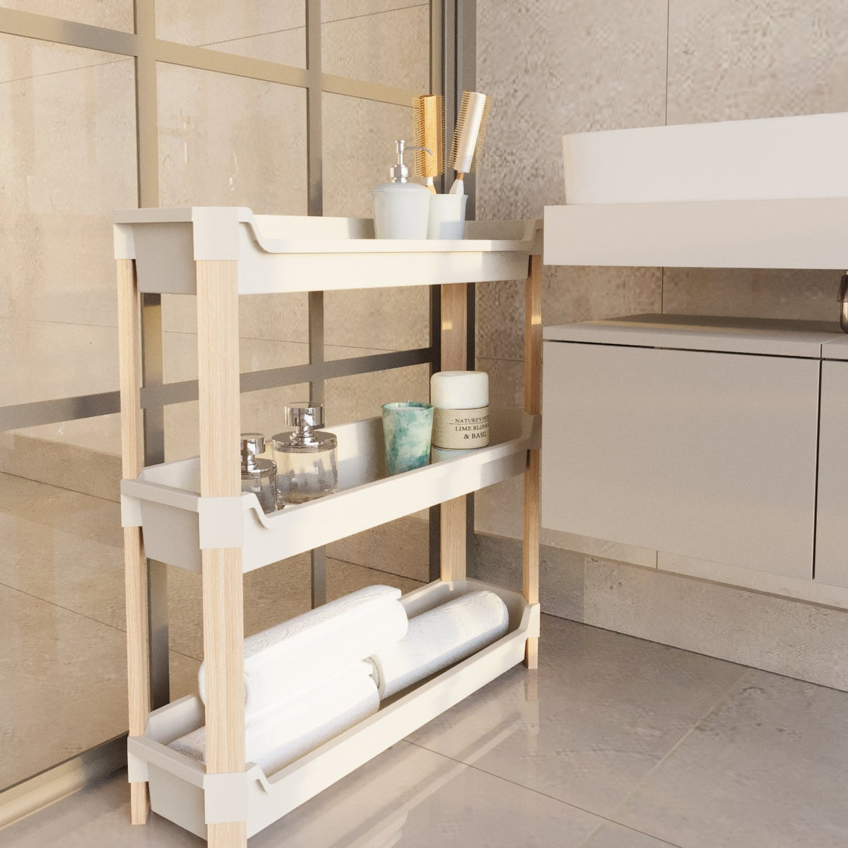 FixWood 3-laags Modulair Opbergrek – Natuurlijke Houtlook & Crèmekleur – Badkamerrek, Keukenrek of Plantenrek – Stevig & Stapelbaar – 60x20x70 cm