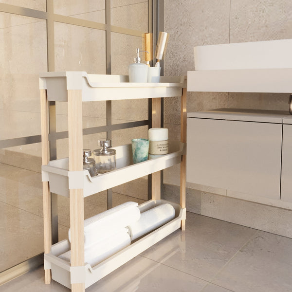 FixWood 3-laags Modulair Opbergrek – Natuurlijke Houtlook & Crèmekleur – Badkamerrek, Keukenrek of Plantenrek – Stevig & Stapelbaar – 60x20x70 cm