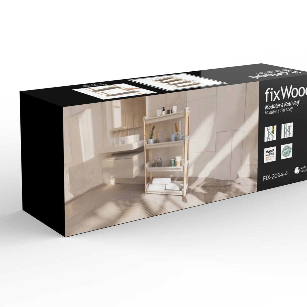 FixWood Modulaire Opbergkast – 4-Laags Houten Rek met Kunststof Bakken – Badkamer, Keuken & Woonkamer – Duurzaam en Stijlvol Design – 68 cm Hoog – Beige - Naturel
