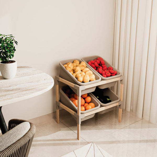 FixWood 2-laags Opbergrek met 4 Uitneembare Boxen – Speelgoed Organizer - Keukenrek - Multi-functioneel Opbergmeubel – 55 x 39 x 62 cm – Hout & Kunststof