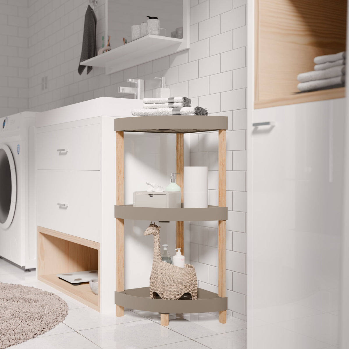 FixWood Houten Hoekrek – 3-Laags Organizer – Compact Badkamer- en Keukenrek – 75 x 44 cm