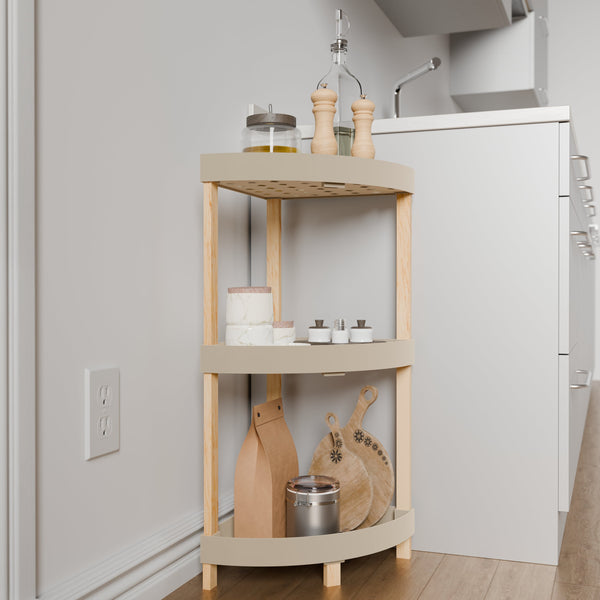 FixWood Houten Hoekrek – 3-Laags Organizer – Compact Badkamer- en Keukenrek – 75 x 44 cm