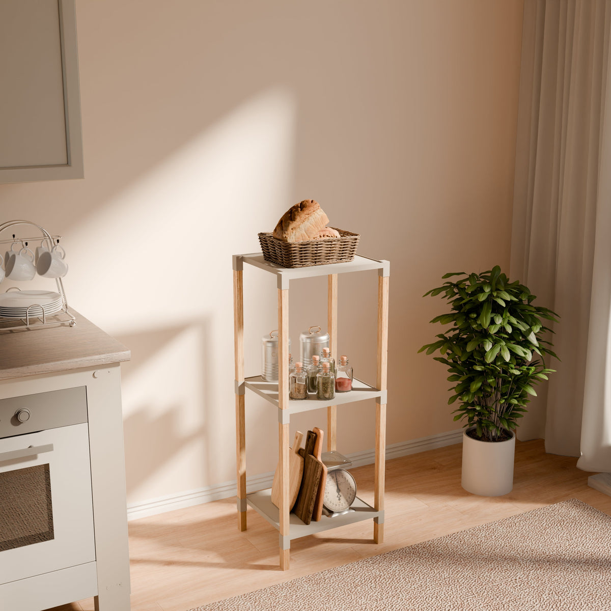 FixWood Houten Modulaire Opbergrek – Massief Hout & Kunststof – Badkamerrek, Keukenrek of Plantenrek – 72 cm Hoog – Beige-Naturel