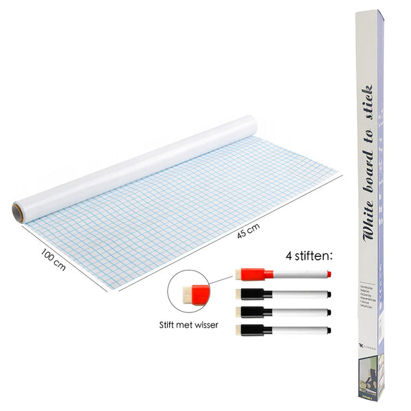 Whiteboard Folie XL Zelfklevend met 4 Stiften met Wisser - 45 x 100 cm