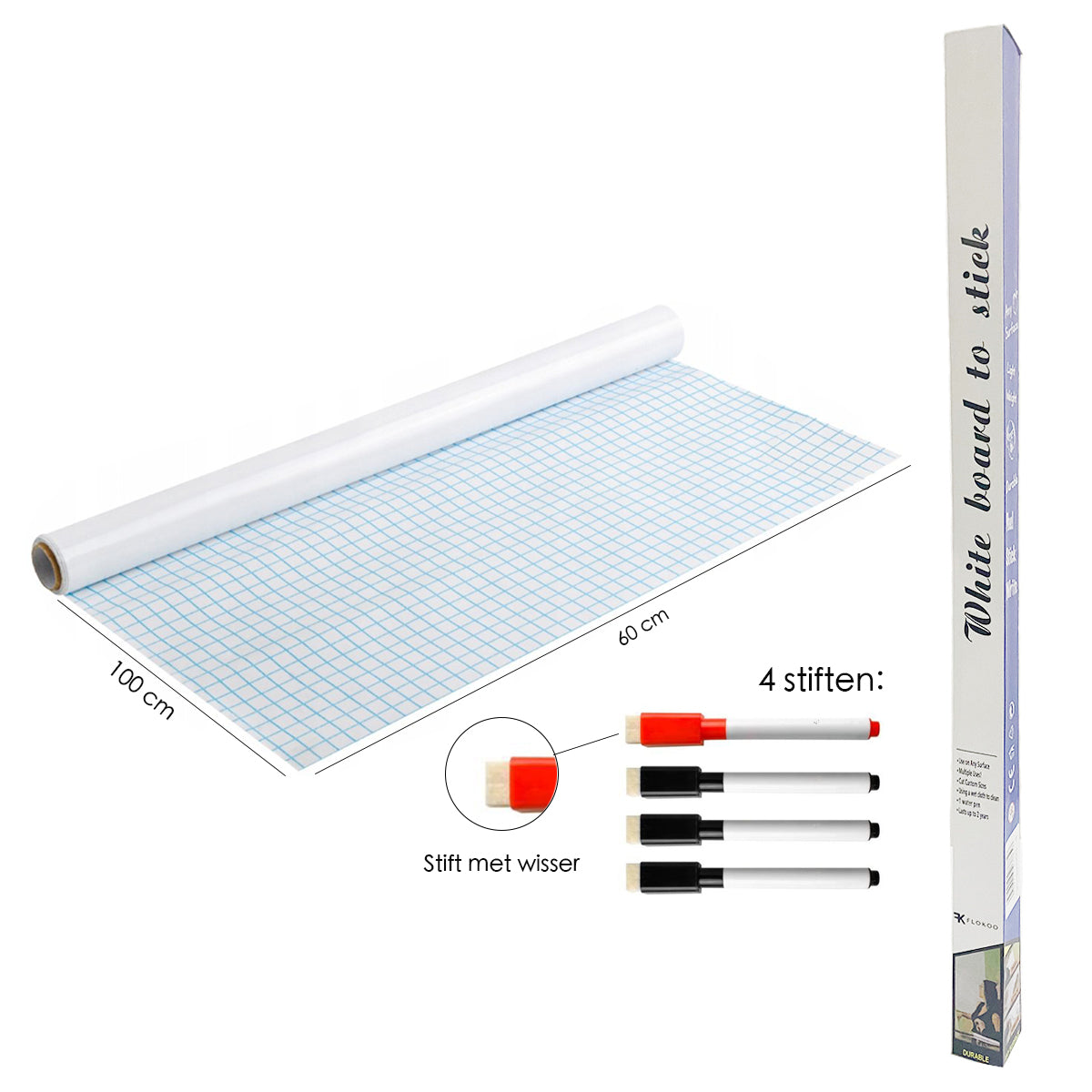 Whiteboard Folie XL Zelfklevend met 4 Stiften met Wisser - 60 x 100 cm