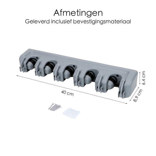 Bezemopbergsysteem - 5 Bezems - Ophangsysteem Tuingereedschap - Grijs