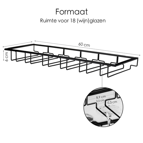 Ophangrek Wijnglazen - Zwart - 18 glazen - Wijnglazenhouder - Glazenrek