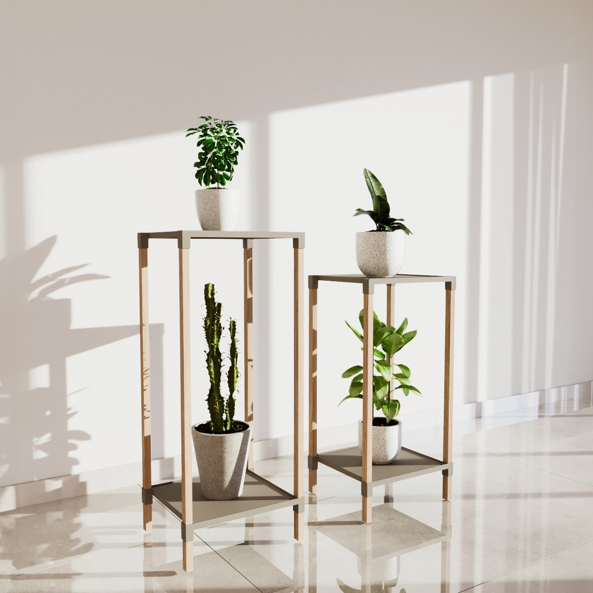 FixWood 2-Tier Plantenstandaard – Set van 2 Bloemenrekken – Houten Bloemenstandaard voor Binnen & Buiten – Decoratieve Plantentafel – 40 & 50 cm Hoog – Beige-Natuur