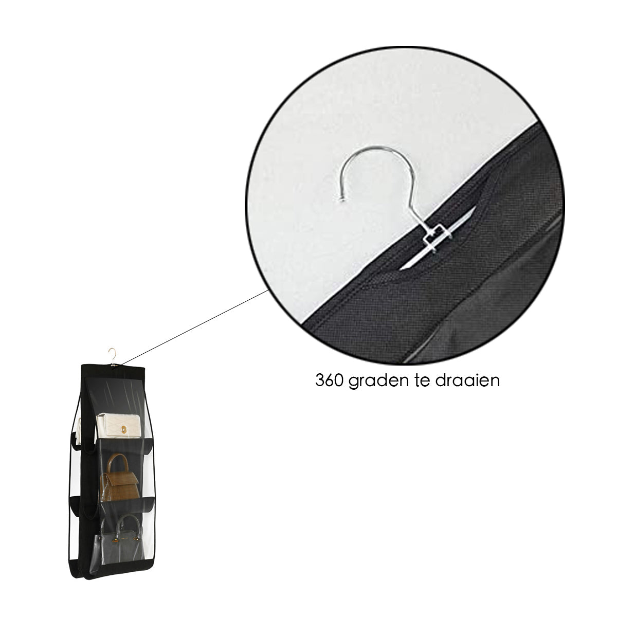 Tassen organizer - Opbergen van 6 Handtassen - Zwart - Hangende tassenopberger - 85 cm x 36 cm - Organiser
