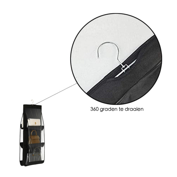 Tassen organizer - Opbergen van 6 Handtassen - Zwart - Hangende tassenopberger - 85 cm x 36 cm - Organiser