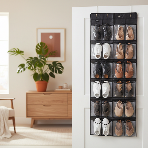 Schoenenkast Hangend - Schoenenzak 24 vakken - Opbergen van Schoenen aan Deur - Zwart - Wit