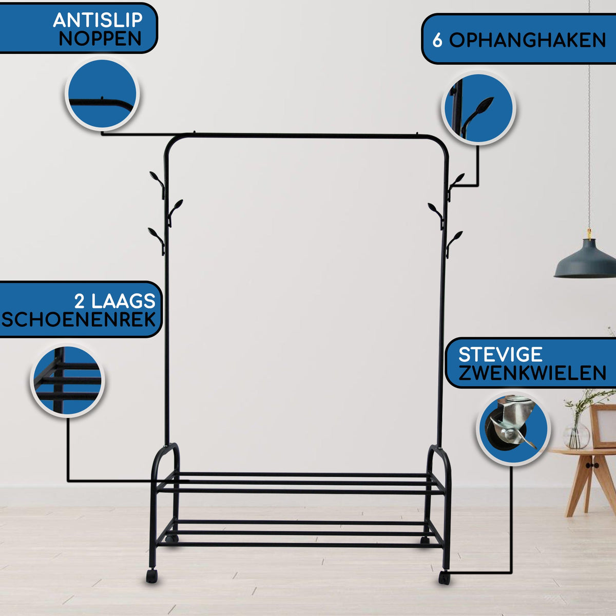 Kledingrek op Wieltjes Zwart