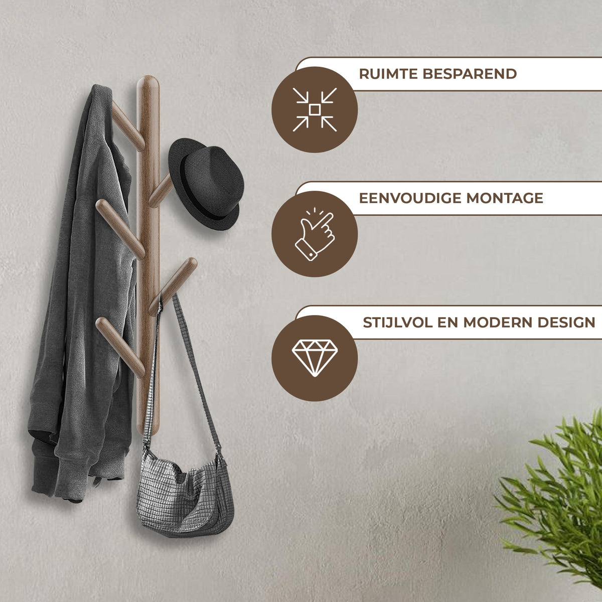 Wandkapstok 5 Haken Bruin