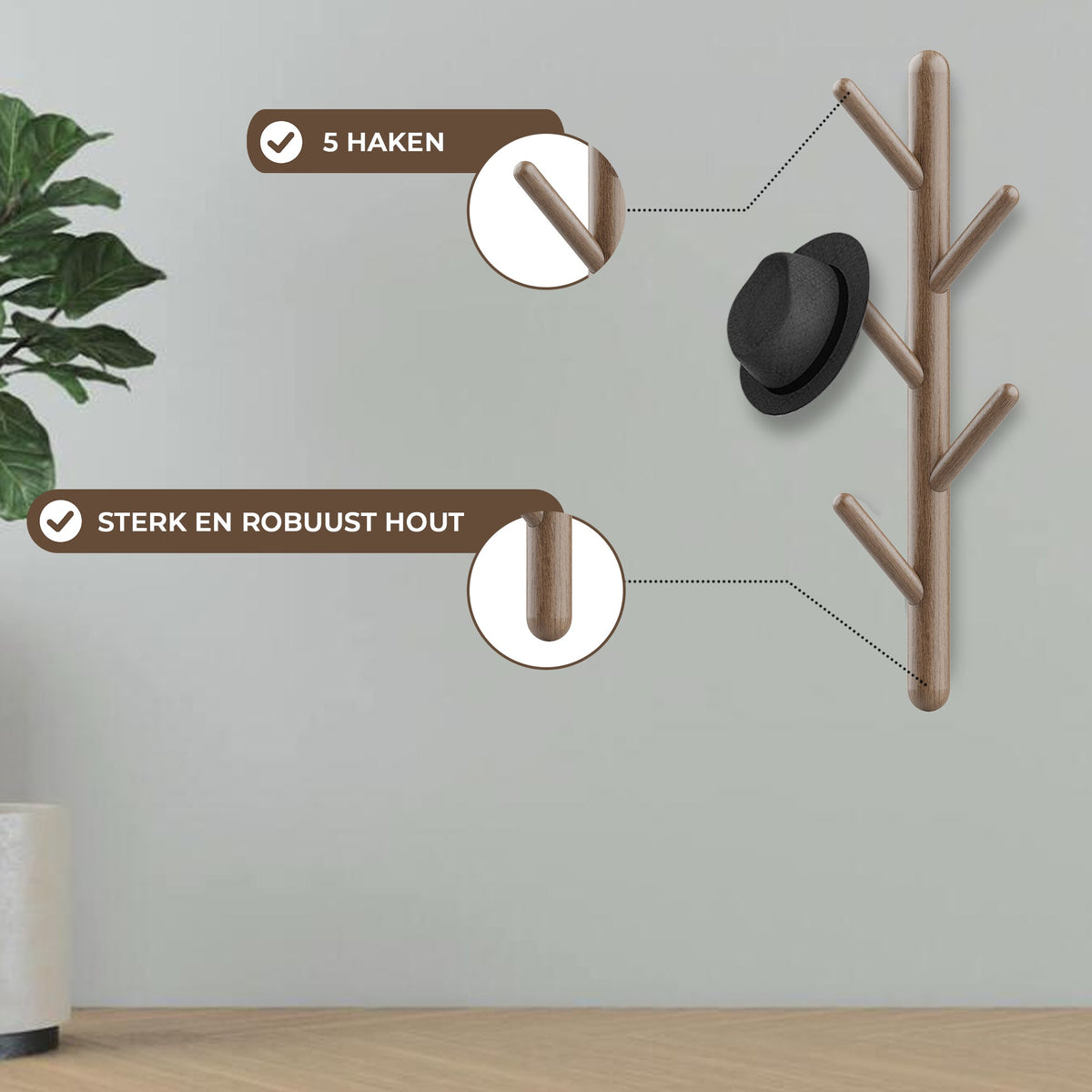 Wandkapstok 5 Haken Bruin