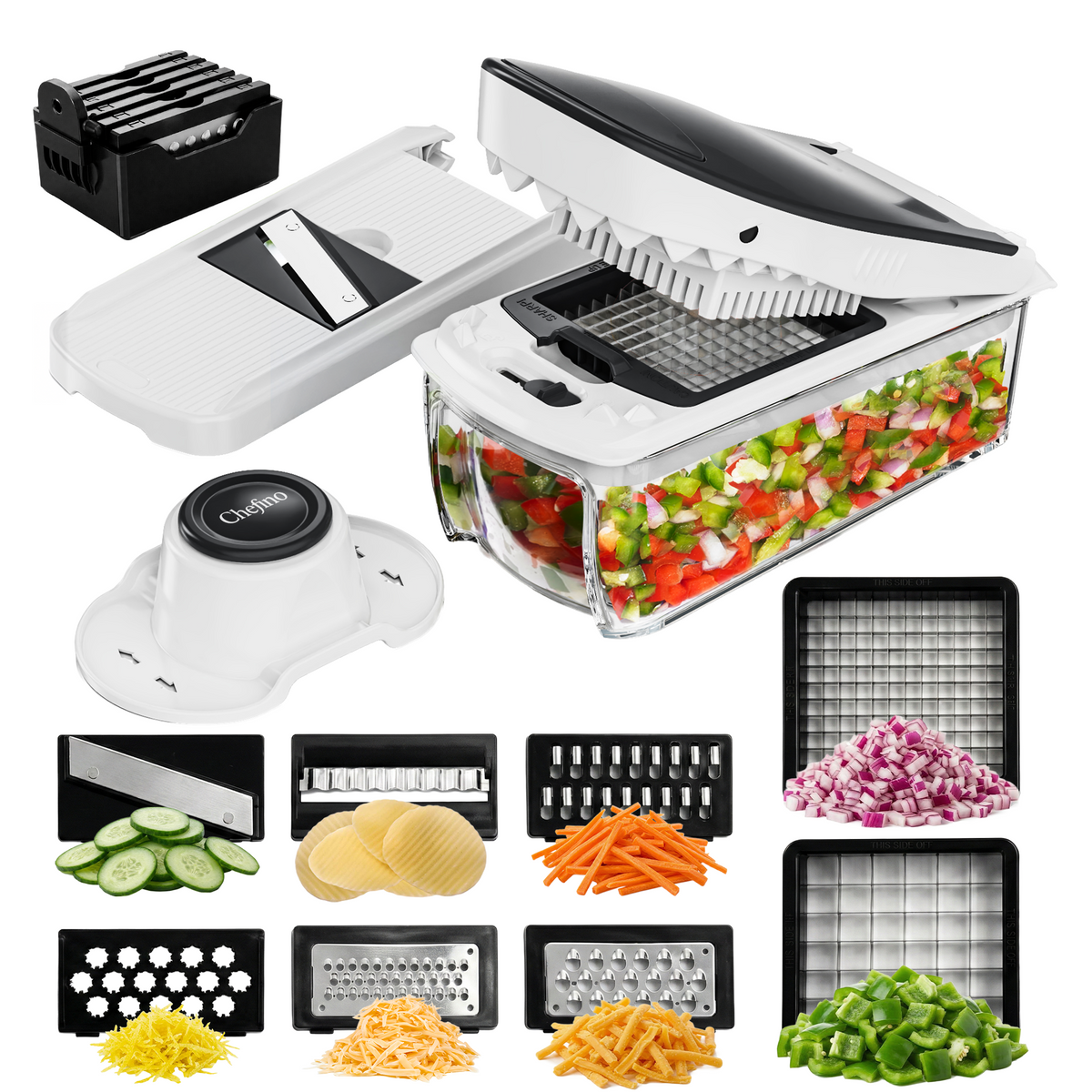 Chefino Squalo - Groentesnijder Set met Opvangbak – Mandoline Snijder – 8 RVS Messen – Uiensnijder & Blokjessnijder – Groentehakker – Keuken Snijapparaat – Inclusief Rasp en Julienne