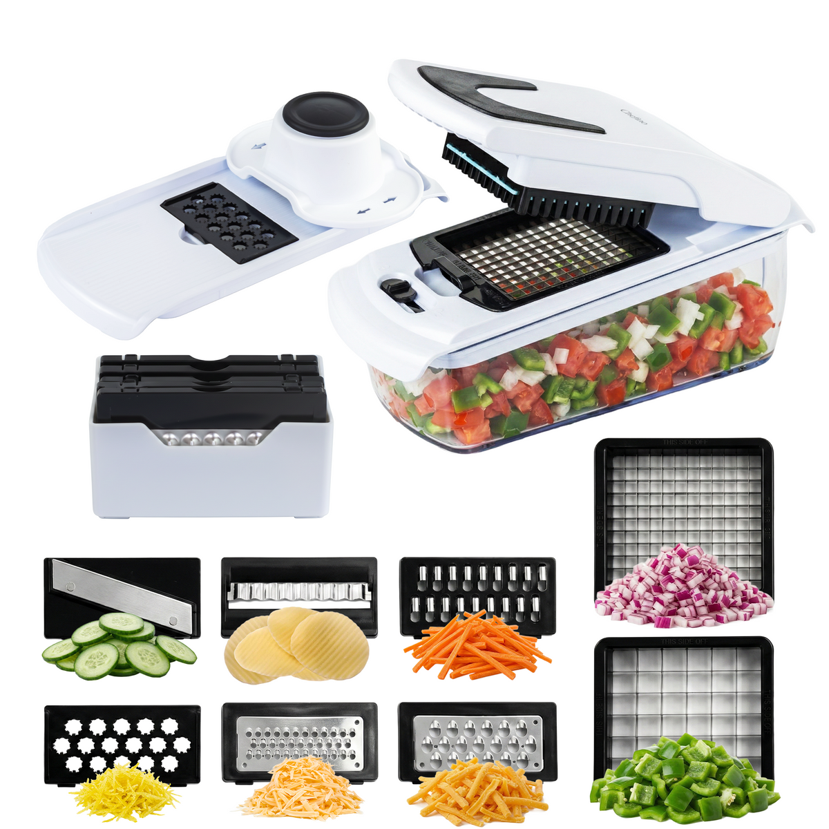 Chefino Verto - Groentesnijder Set met Opvangbak – Mandoline Snijder – Groentehakker – Blokjessnijder – Julienne Snijder – RVS Messen – Groente Chopper met 8 Snijbladen – Keukensnijder