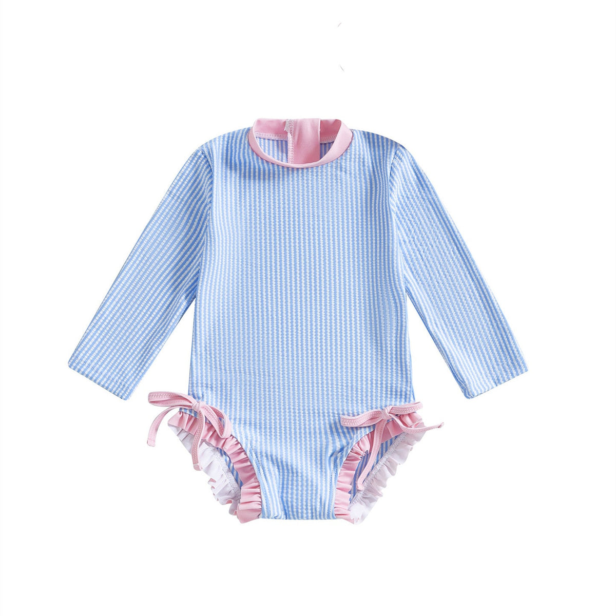 Badpak Lange Mouw Licht Blauw met Streepjes en Roze Ruches Meisjes