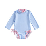 Badpak Lange Mouw Licht Blauw met Streepjes en Roze Ruches Meisjes