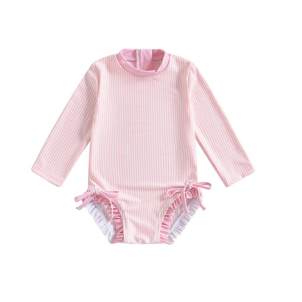 Badpak Lange Mouw Licht Roze met Streepjes en Roze Ruches Meisjes | Maat 0 - 3 Jaar