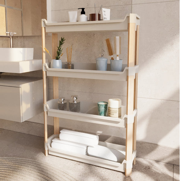FixWood Modulaire Opbergkast – 4-Laags Houten Rek met Kunststof Bakken – Badkamer, Keuken & Woonkamer – Duurzaam en Stijlvol Design – 68 cm Hoog – Beige - Naturel