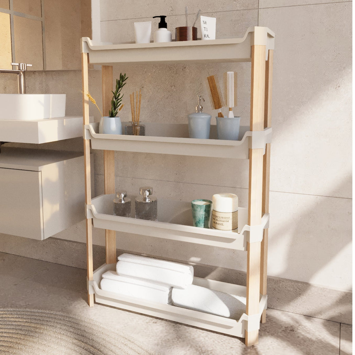 FixWood Modulaire Opbergkast – 4-Laags Houten Rek met Kunststof Bakken – Badkamer, Keuken & Woonkamer – Duurzaam en Stijlvol Design – 68 cm Hoog – Beige - Naturel (kopie)