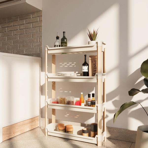 FixWood Modulaire Opbergkast – 4-Laags Houten Rek met Kunststof Bakken – Badkamer, Keuken & Woonkamer – Duurzaam en Stijlvol Design – 68 cm Hoog – Beige - Naturel (kopie)