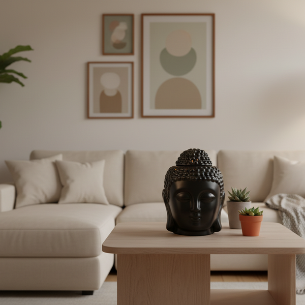 Buddhahoofd Kaarshouder - Keramiek - Waxinelichthouders - Uitneembaar onderstuk - 10 x 14 cm