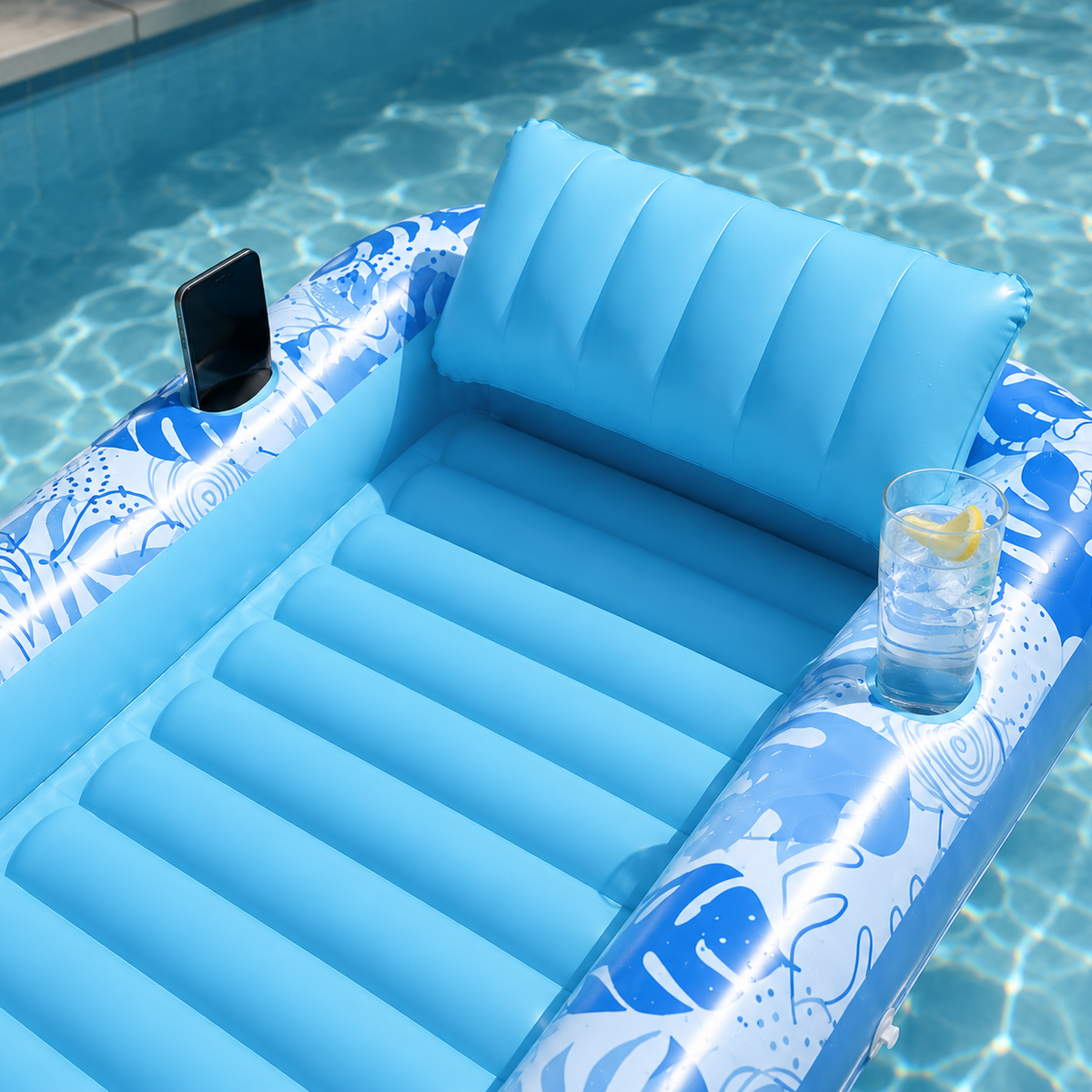 Opblaasbaar Tanning Bed – Opblaasbaar Ligbad voor Zonnen & Relaxen – Waterhangmat met Hoofdkussen en Bekerhouders – Drijvend Luchtbed Zwembad – 177,8 x 116,8 cm