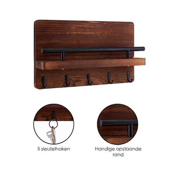 Sleutelrekje - Sleutelkastjes - Vijf sleutelhaken 30 x 18 cm - Beukenhout - Donker Bruin