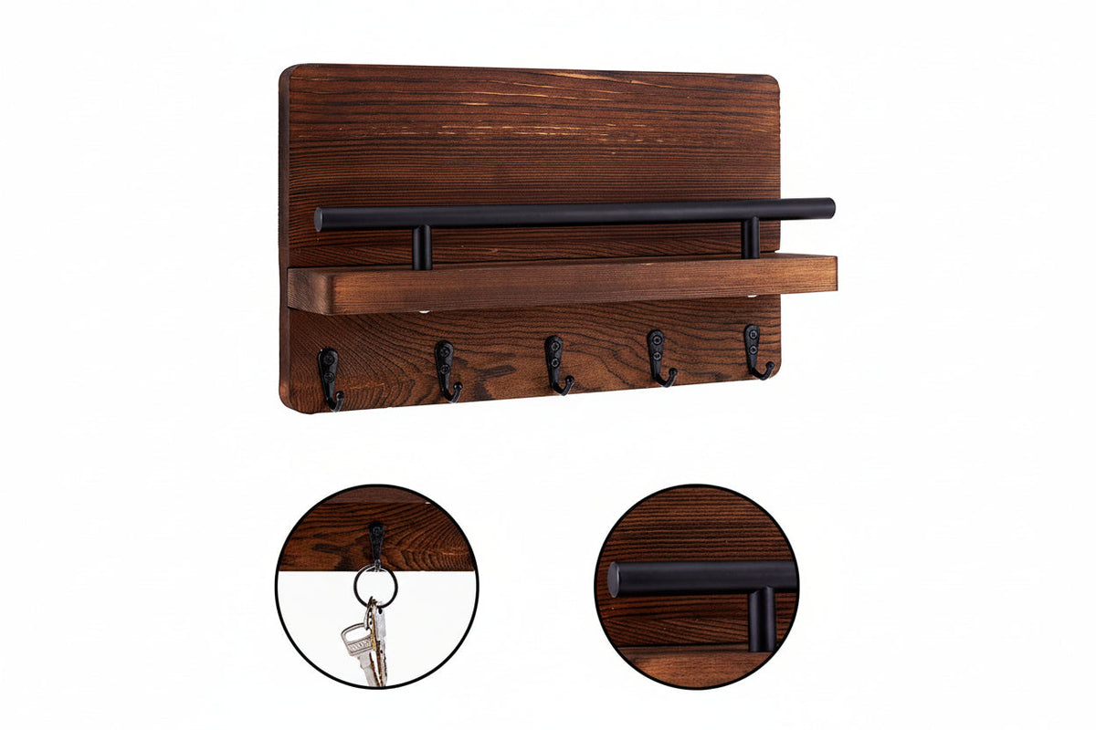 Sleutelrekje - Sleutelkastjes - Vijf sleutelhaken 30 x 18 cm - Beukenhout - Donker Bruin