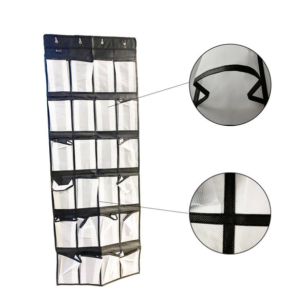 Schoenenkast Hangend - Schoenenzak 24 vakken - Opbergen van Schoenen aan Deur - Zwart - Wit