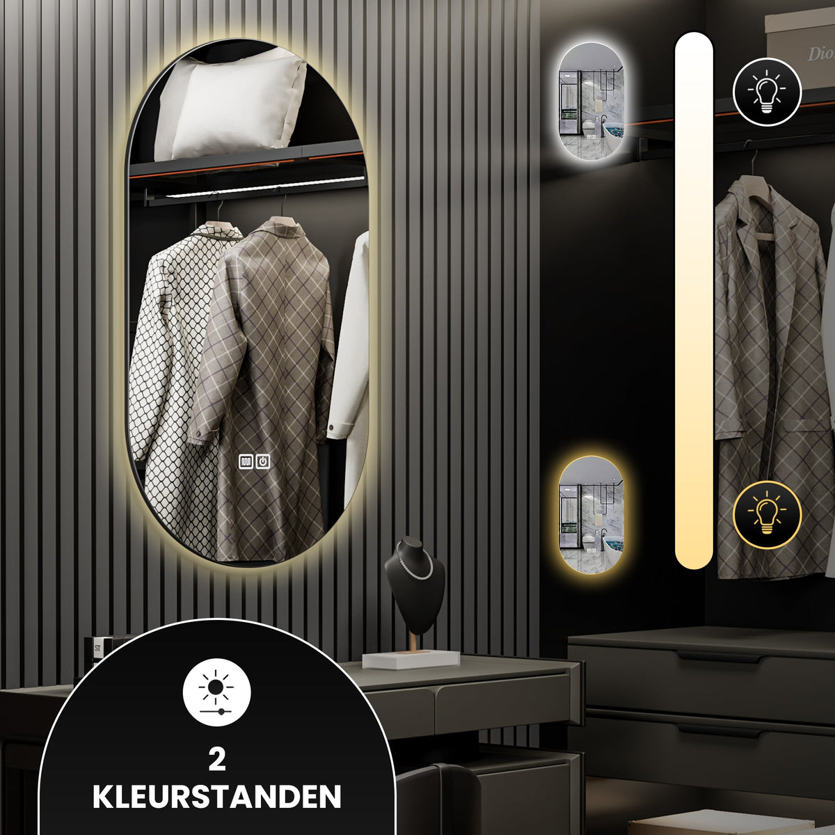 Bayt Badkamerspiegel met LED - Ovaal 50x90 cm - 2 Lichtstanden