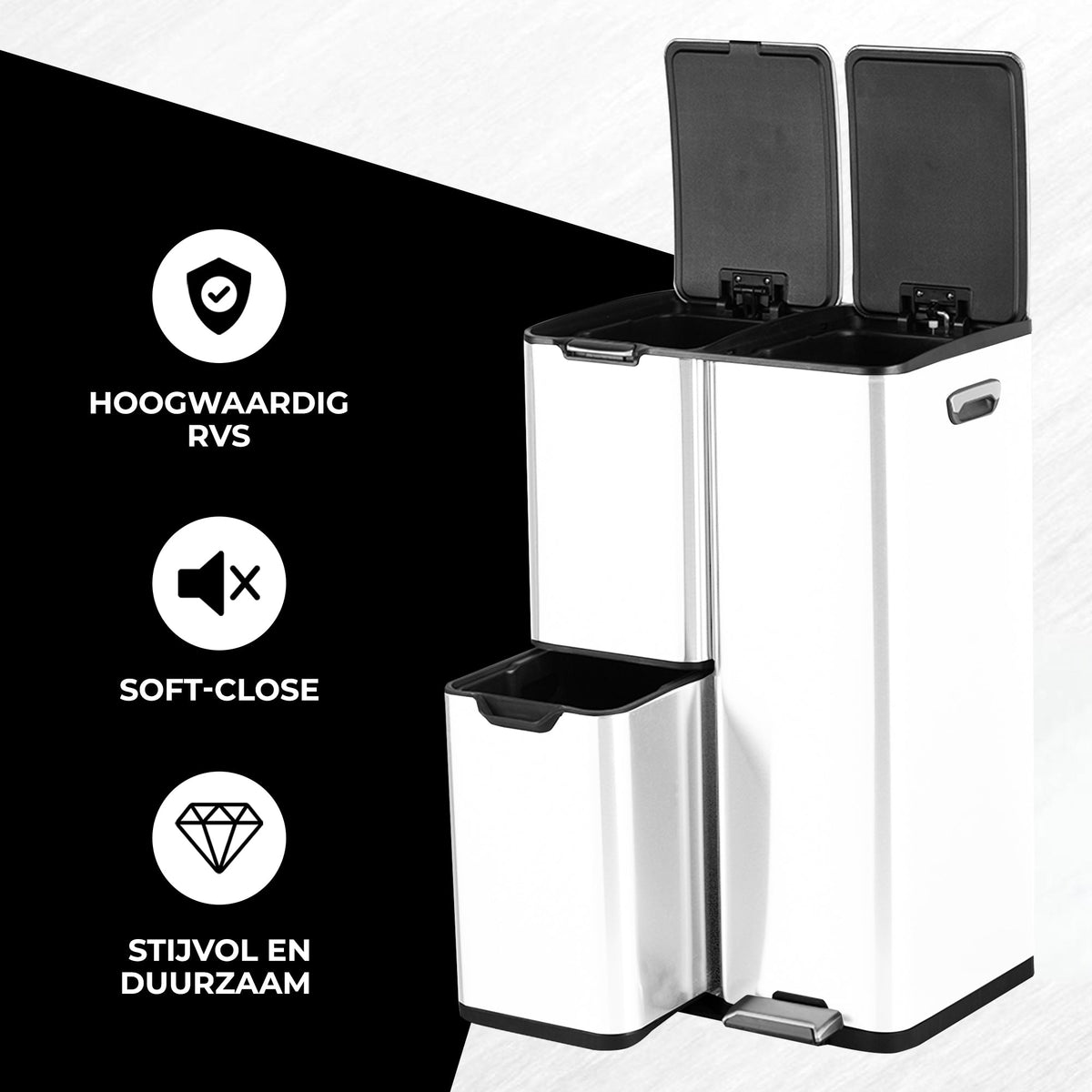 Bayt Prullenbak 60 liter - 3 compartimenten - Wit