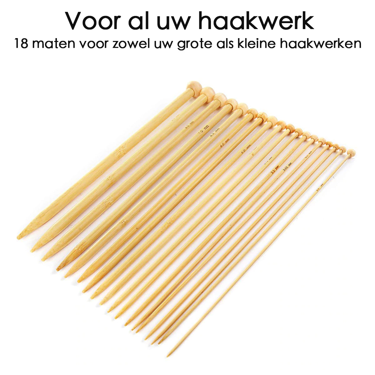 Breinaalden Set Bamboe 36 Stuks - 18 Verschillende Maten - 35 cm Lang - 2 tot 10 mm Dikte