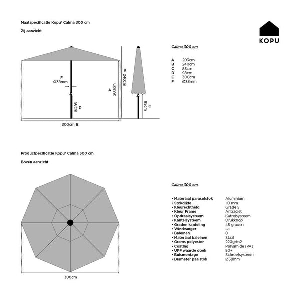 Kopu® Calma Parasol Rond 300 cm met Windvanger - Grijs