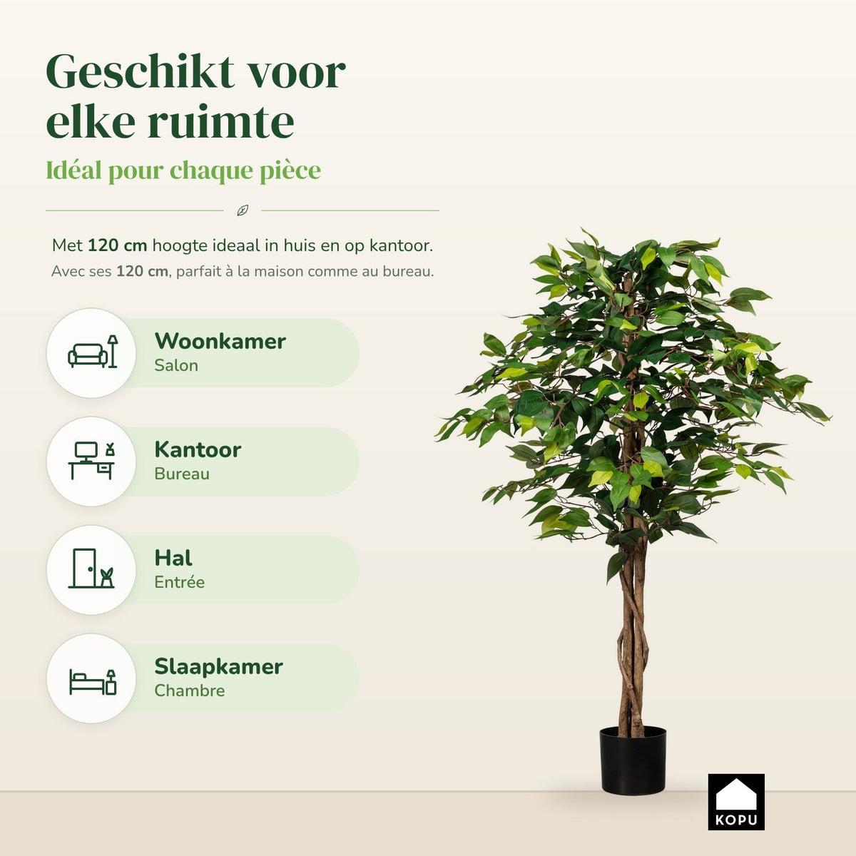 Kopu® Kunstplant Ficus 120 cm in pot - 630 bladeren met Natuurstam