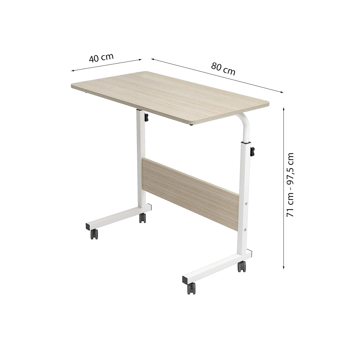 Laptoptafel op Wieltjes - Wit - 80 cm x 40 cm - In Hoogte Verstelbaar - Bedtafeltje met Wielen - Ontbijttafel