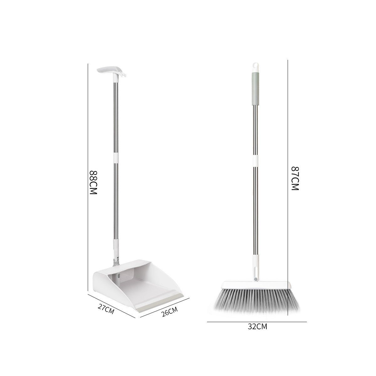 Stoffer en Blik met Lange Steel - 87 cm - Wit - Grijs - Stoffer en Blik op Steel - Stoffer Lang