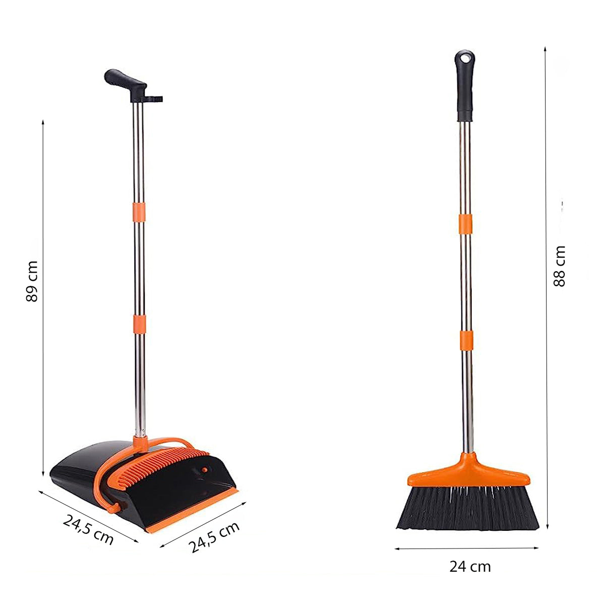 Stoffer en Blik met Lange Steel - 87 cm - Oranje - Zwart - Stoffer en Blik op Steel - Stoffer Lang